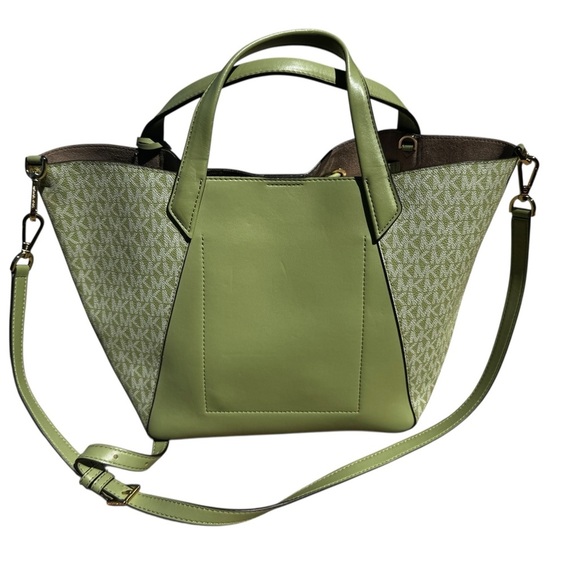 Michael Kors MK Phoebe Large 2-Way Drawstring Green Grab Bag Purse Long Strap - Picture 6 of 8